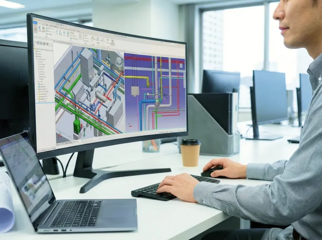 設備設計会社がBIM・CADを使って建築設備の設計検討を行っている様子