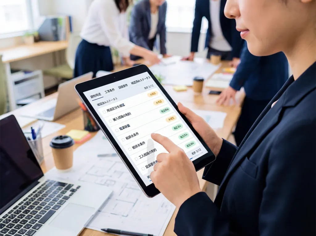 設備設計の打合せで、タブレットのチェックリストを使って要望や条件を整理している様子