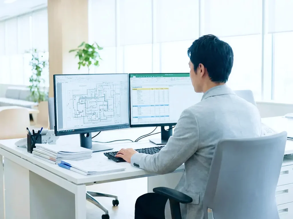 用途別の条件を整理しながら、設備設計の検討を行っている設計担当者の様子