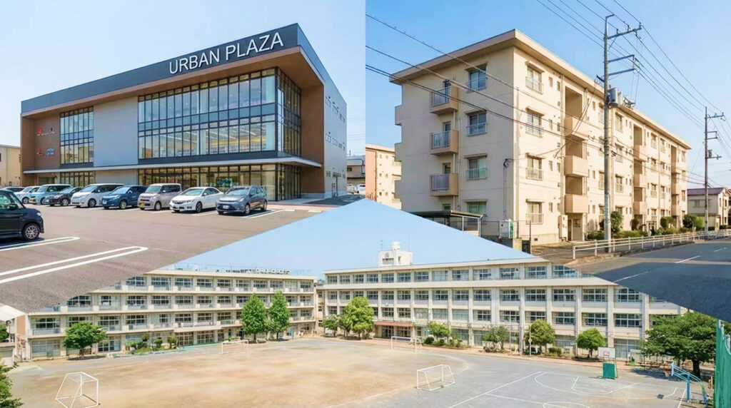 商業施設、集合住宅、学校など用途の異なる建物の外観イメージ