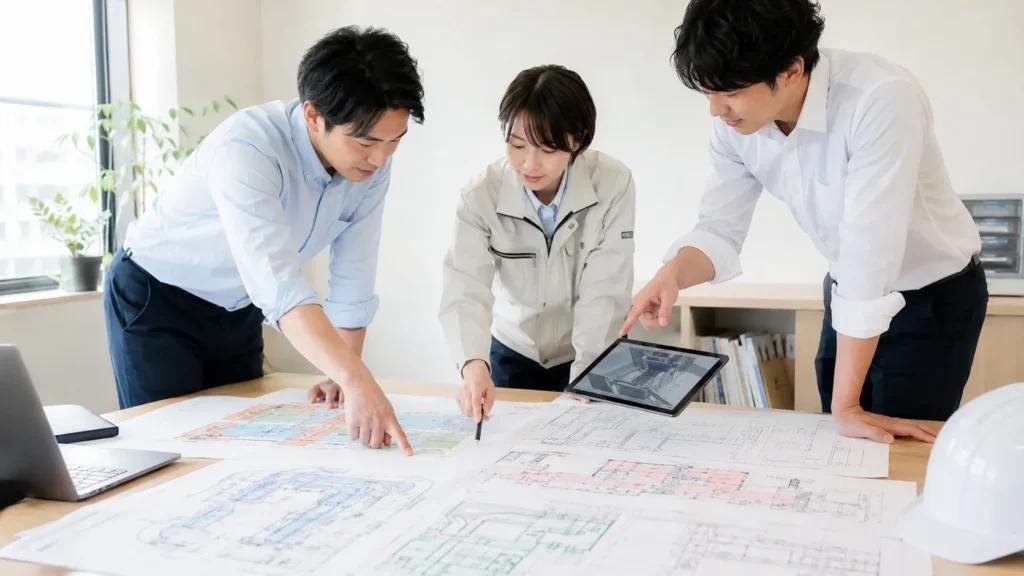 設備設計会社のチームが空調・電気・衛生の図面とBIMを使ってワンストップで設計検討している様子