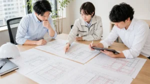 設備設計会社のチームが空調・電気・衛生の図面とBIMを使ってワンストップで設計検討している様子