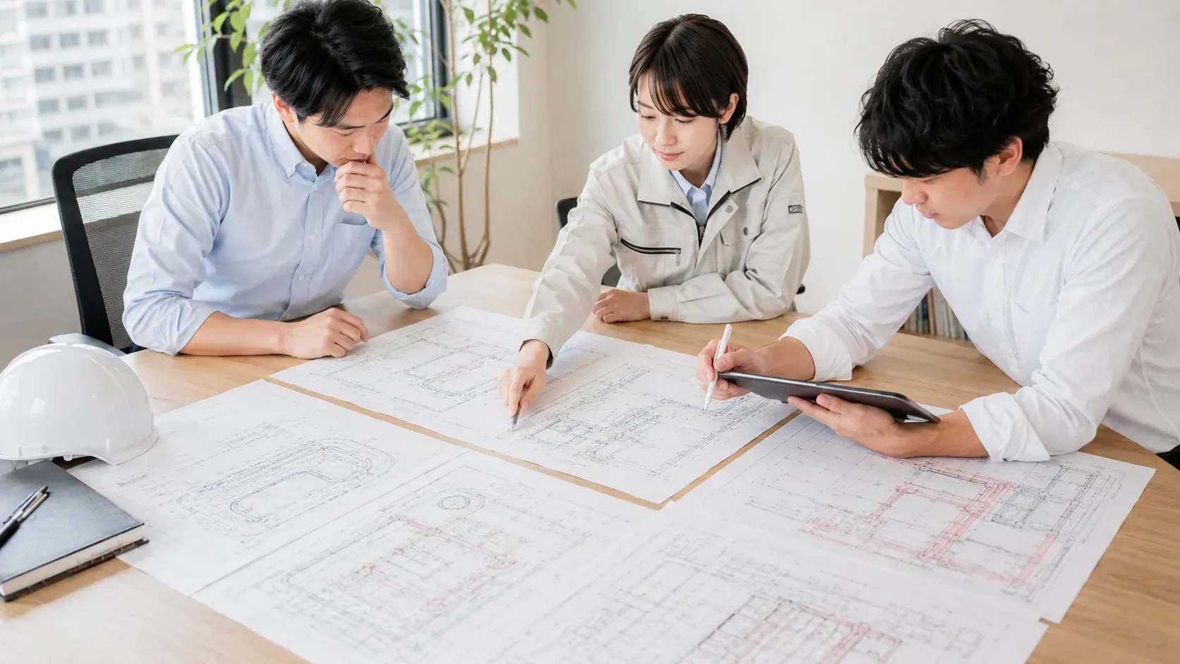 設備設計会社のチームが空調・電気・衛生の図面とBIMを使ってワンストップで設計検討している様子