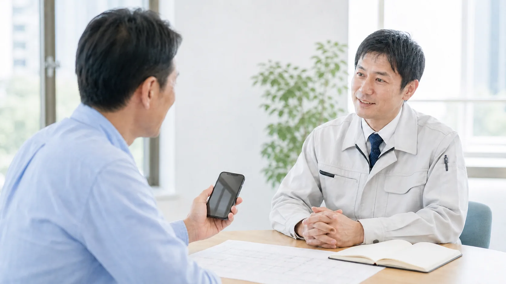 クライアントが手元の情報を見せながら設備設計者へ相談する様子